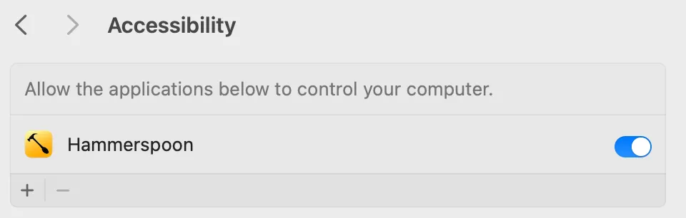 Hammerspoon app showing as enabled in the Accessibility panel