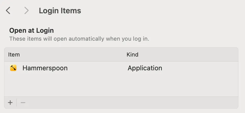 Hammerspoon app showing as an active login item in the Login Items panel